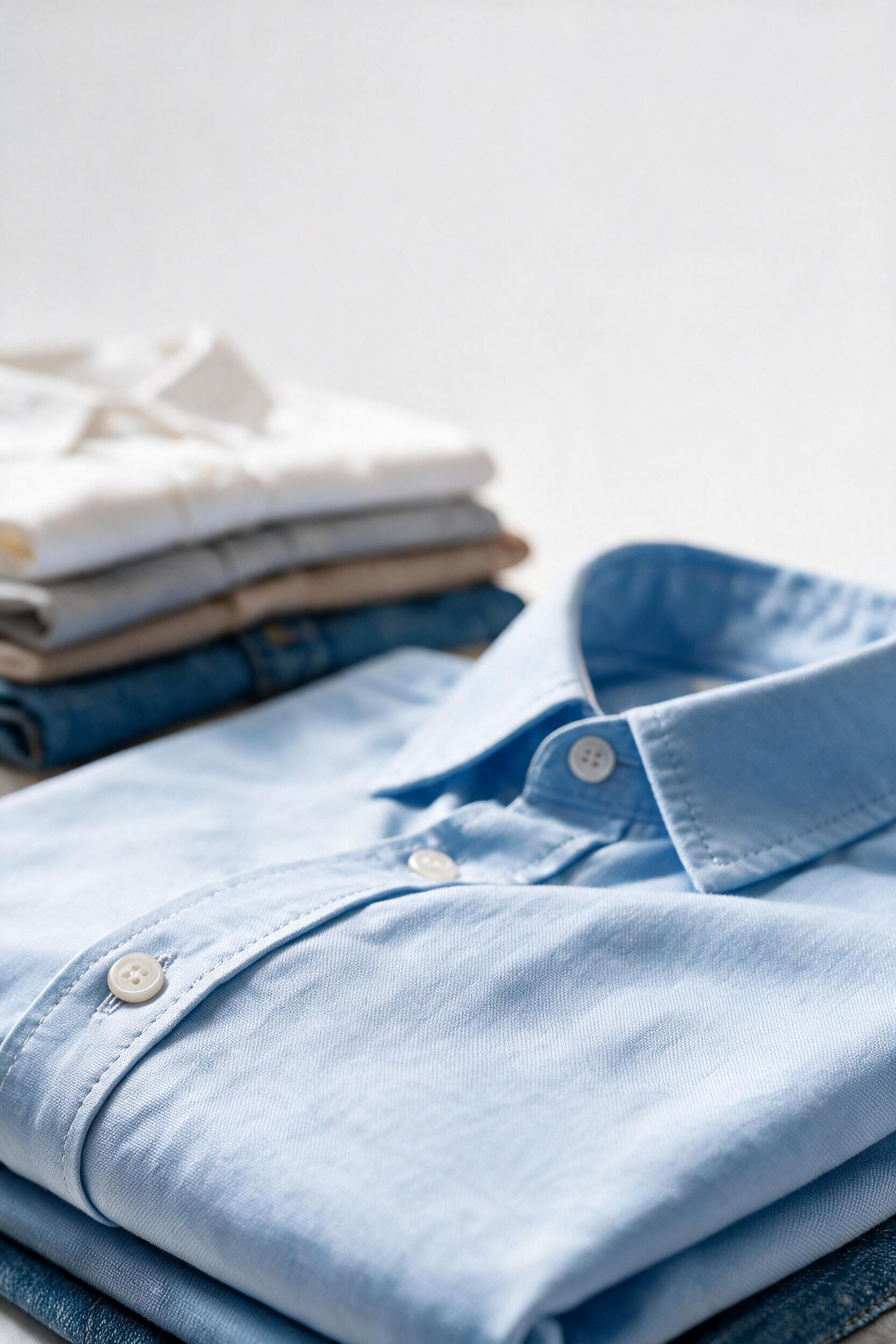 Camisa azul e peças dobradas em tons de azul
