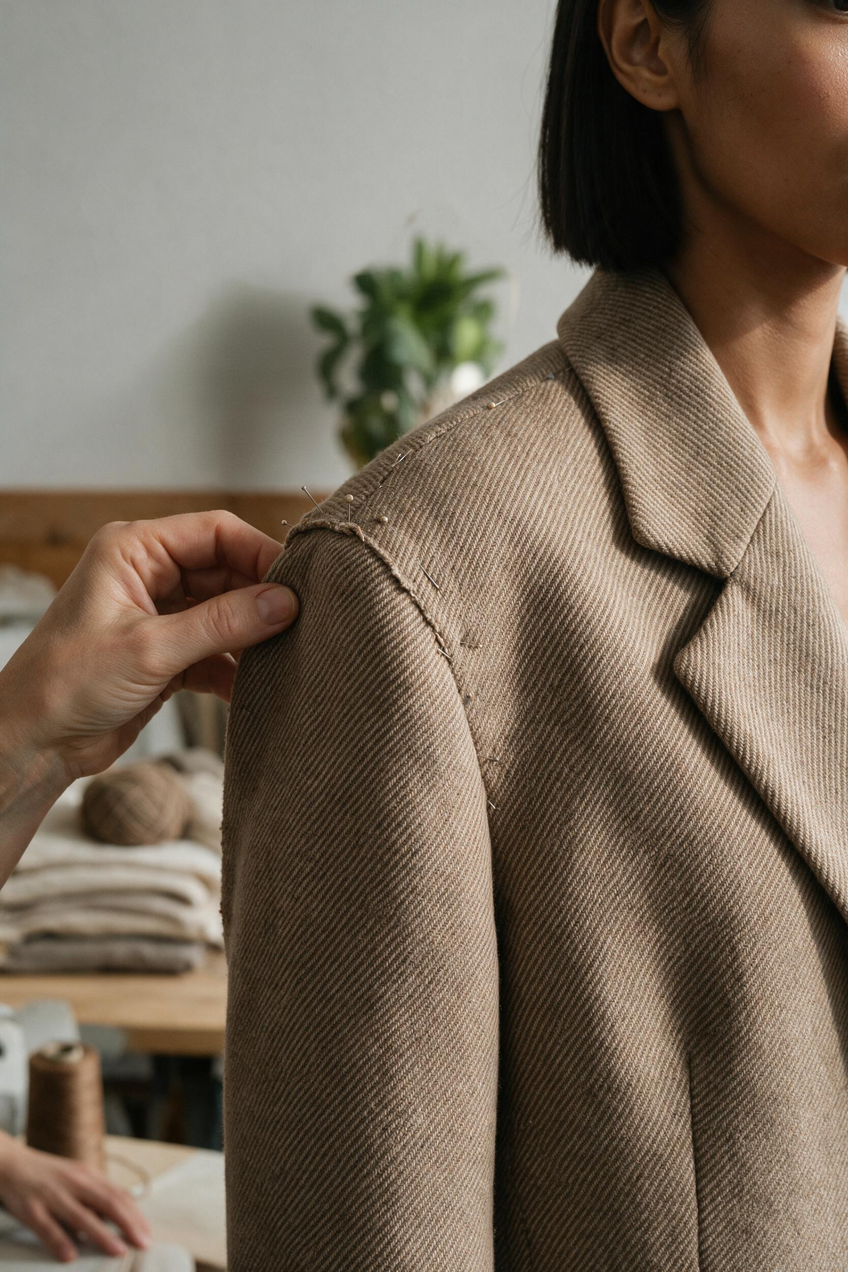 Profissional marca um ajuste no ombro de um blazer