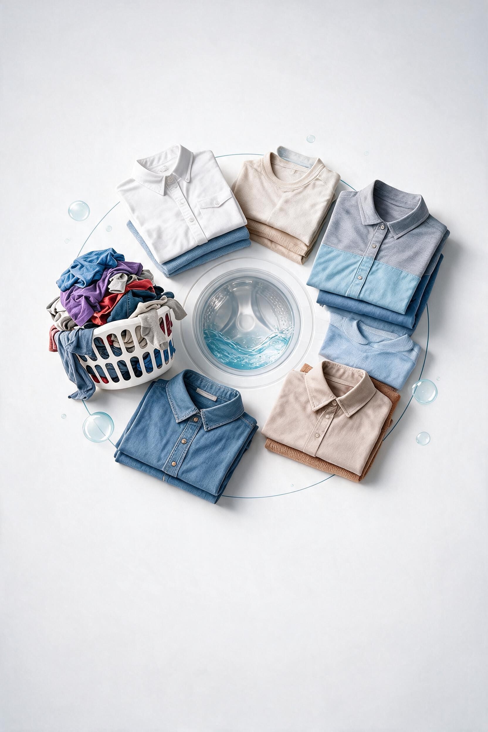 Roupas organizadas ao redor de uma máquina de lavar